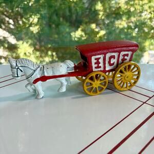 Vintage Cast Iron Horse Drawn Circus Wagon Toy Red Yellow Cart
